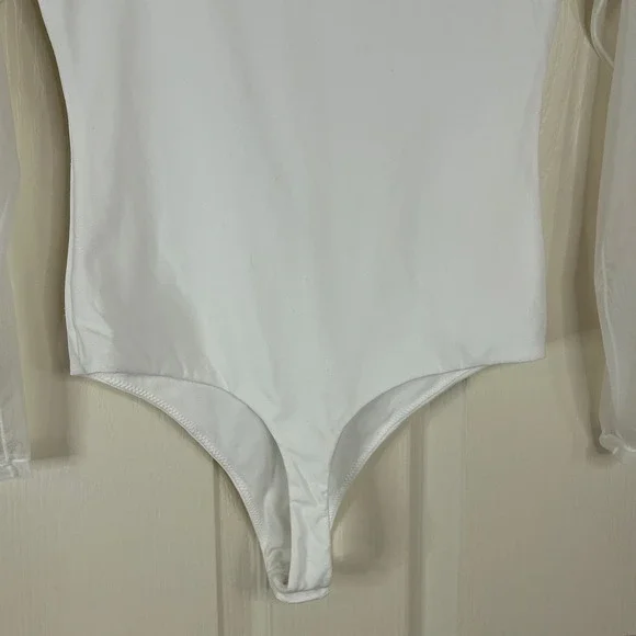 White Bodysuit Sheer Mesh Long Sleeve Mock Neck Top Womens size small - Picture 8 of 12